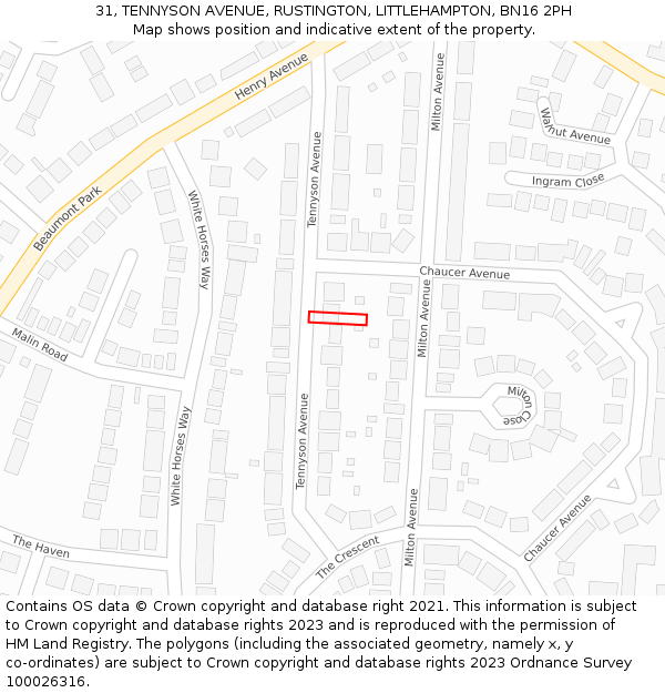 31, TENNYSON AVENUE, RUSTINGTON, LITTLEHAMPTON, BN16 2PH: Location map and indicative extent of plot