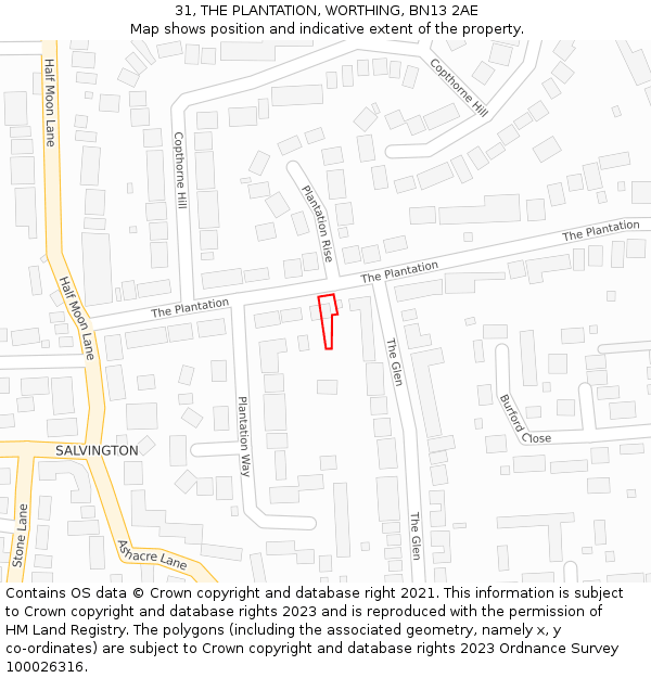31, THE PLANTATION, WORTHING, BN13 2AE: Location map and indicative extent of plot