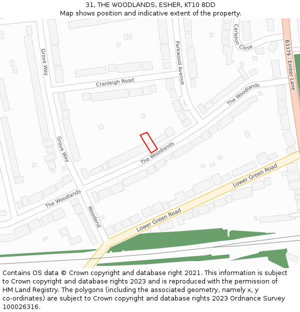 31, THE WOODLANDS, ESHER, KT10 8DD: Location map and indicative extent of plot