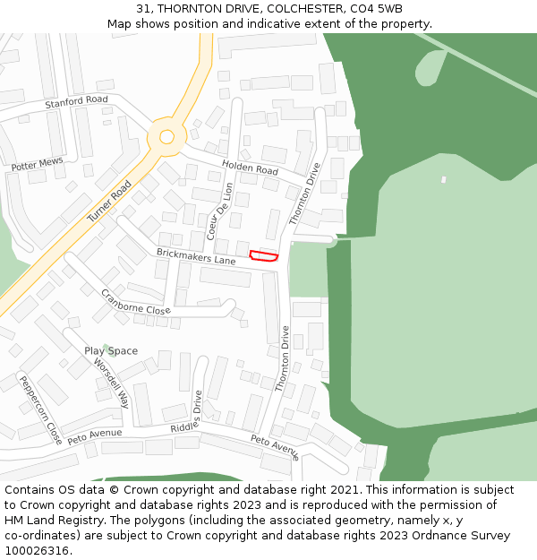 31, THORNTON DRIVE, COLCHESTER, CO4 5WB: Location map and indicative extent of plot