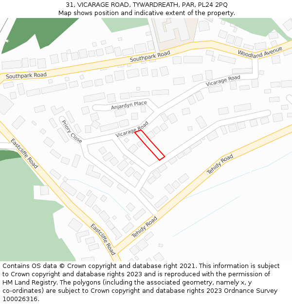 31, VICARAGE ROAD, TYWARDREATH, PAR, PL24 2PQ: Location map and indicative extent of plot