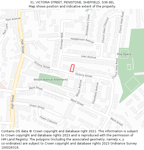 31, VICTORIA STREET, PENISTONE, SHEFFIELD, S36 6EL: Location map and indicative extent of plot