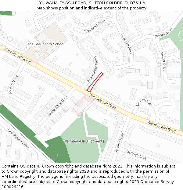 31, WALMLEY ASH ROAD, SUTTON COLDFIELD, B76 1JA: Location map and indicative extent of plot