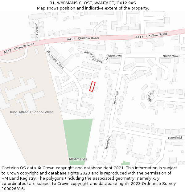 31, WARMANS CLOSE, WANTAGE, OX12 9XS: Location map and indicative extent of plot