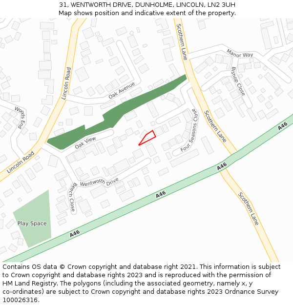 31, WENTWORTH DRIVE, DUNHOLME, LINCOLN, LN2 3UH: Location map and indicative extent of plot