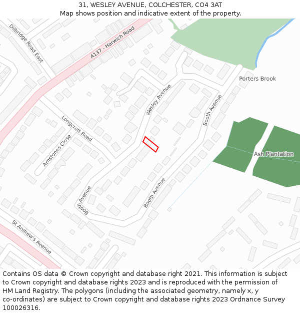 31, WESLEY AVENUE, COLCHESTER, CO4 3AT: Location map and indicative extent of plot