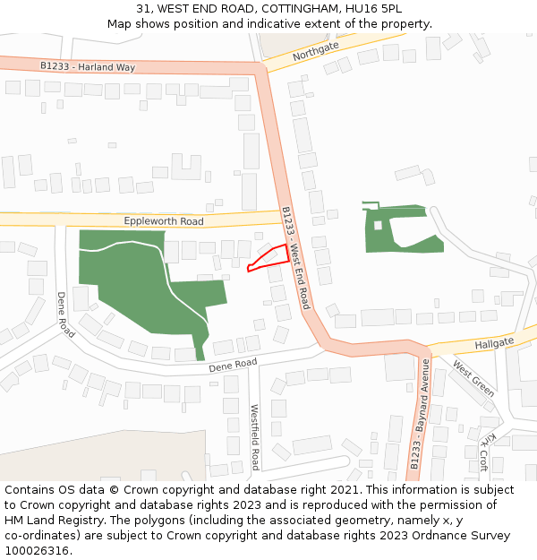 31, WEST END ROAD, COTTINGHAM, HU16 5PL: Location map and indicative extent of plot