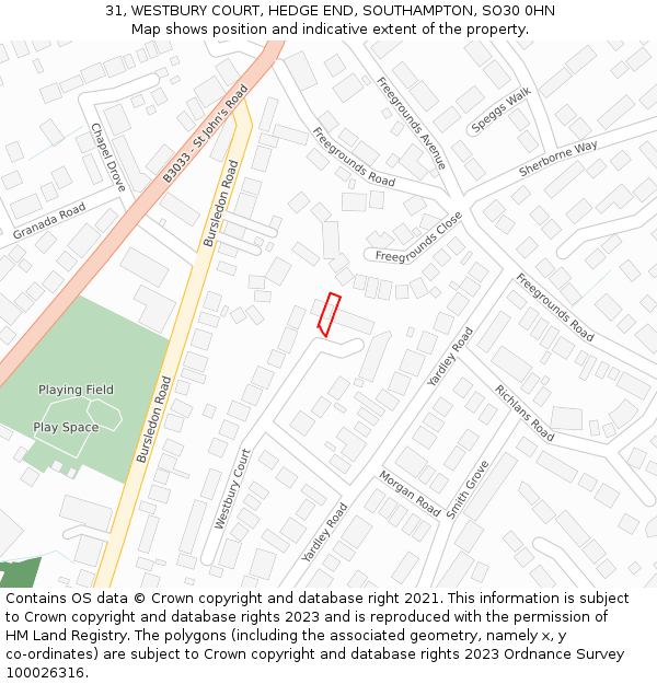 31, WESTBURY COURT, HEDGE END, SOUTHAMPTON, SO30 0HN: Location map and indicative extent of plot