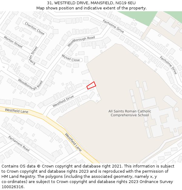 31, WESTFIELD DRIVE, MANSFIELD, NG19 6EU: Location map and indicative extent of plot