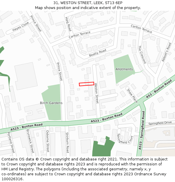 31, WESTON STREET, LEEK, ST13 6EP: Location map and indicative extent of plot