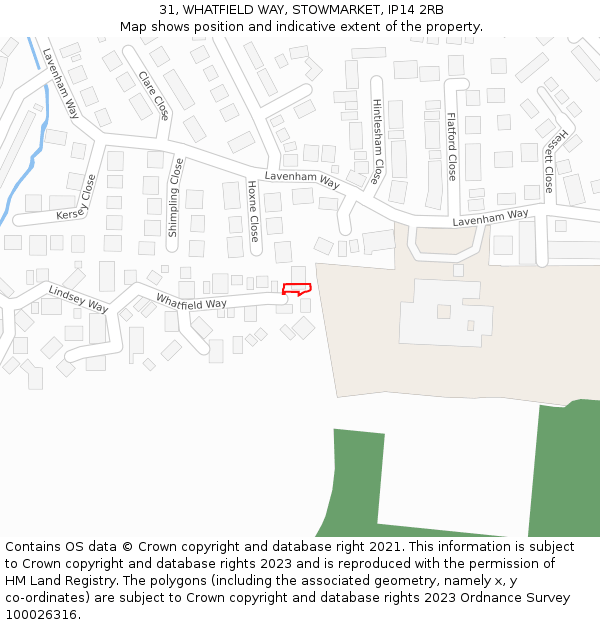 31, WHATFIELD WAY, STOWMARKET, IP14 2RB: Location map and indicative extent of plot