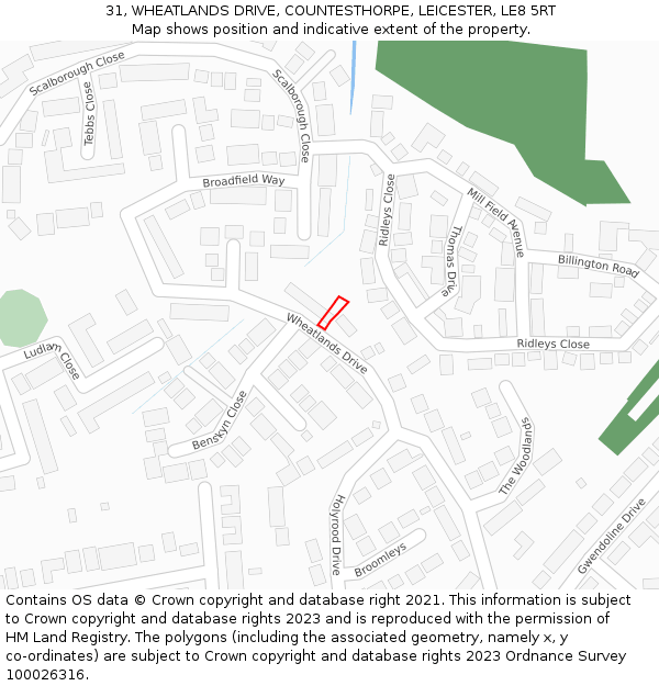 31, WHEATLANDS DRIVE, COUNTESTHORPE, LEICESTER, LE8 5RT: Location map and indicative extent of plot