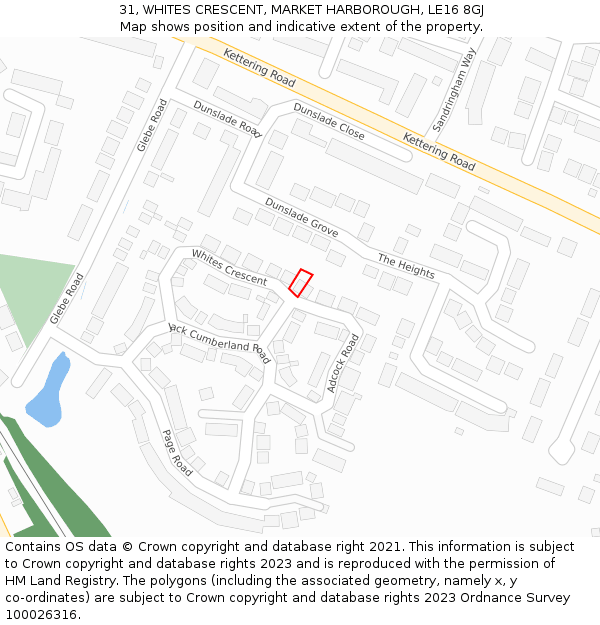 31, WHITES CRESCENT, MARKET HARBOROUGH, LE16 8GJ: Location map and indicative extent of plot