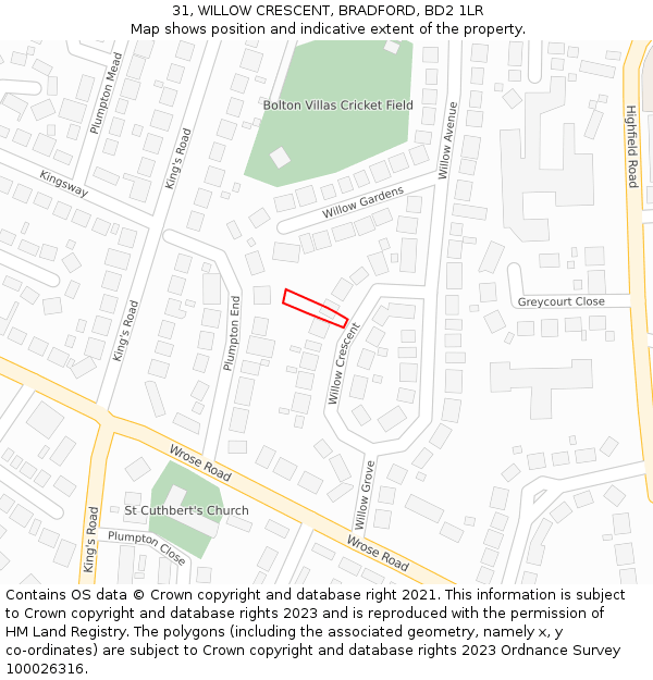 31, WILLOW CRESCENT, BRADFORD, BD2 1LR: Location map and indicative extent of plot