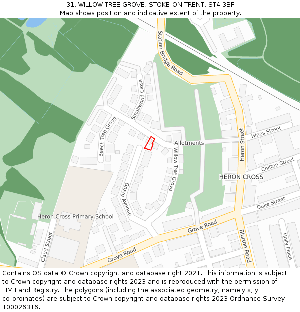 31, WILLOW TREE GROVE, STOKE-ON-TRENT, ST4 3BF: Location map and indicative extent of plot