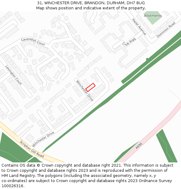 31, WINCHESTER DRIVE, BRANDON, DURHAM, DH7 8UG: Location map and indicative extent of plot