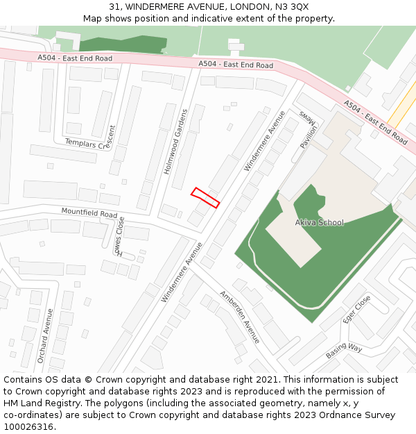 31, WINDERMERE AVENUE, LONDON, N3 3QX: Location map and indicative extent of plot