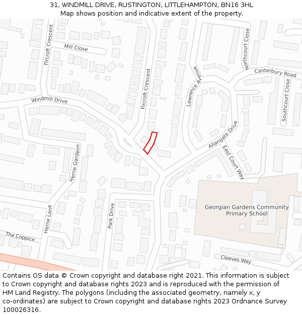 31, WINDMILL DRIVE, RUSTINGTON, LITTLEHAMPTON, BN16 3HL: Location map and indicative extent of plot