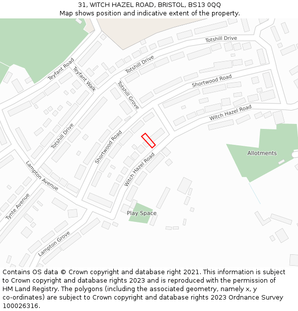 31, WITCH HAZEL ROAD, BRISTOL, BS13 0QQ: Location map and indicative extent of plot