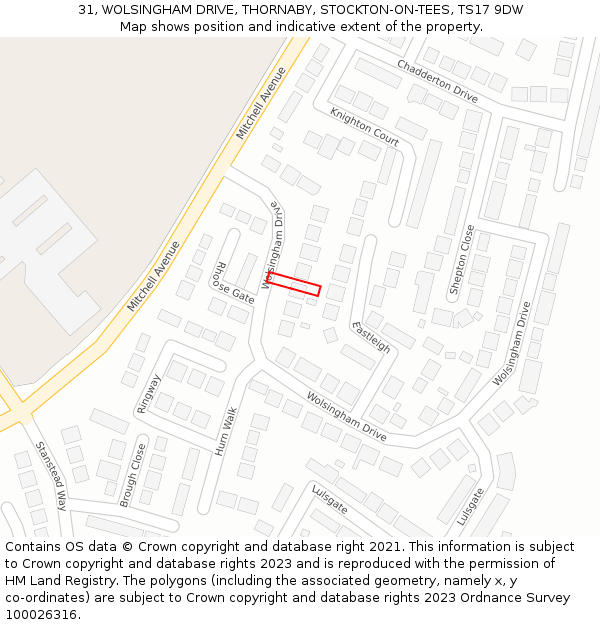 31, WOLSINGHAM DRIVE, THORNABY, STOCKTON-ON-TEES, TS17 9DW: Location map and indicative extent of plot