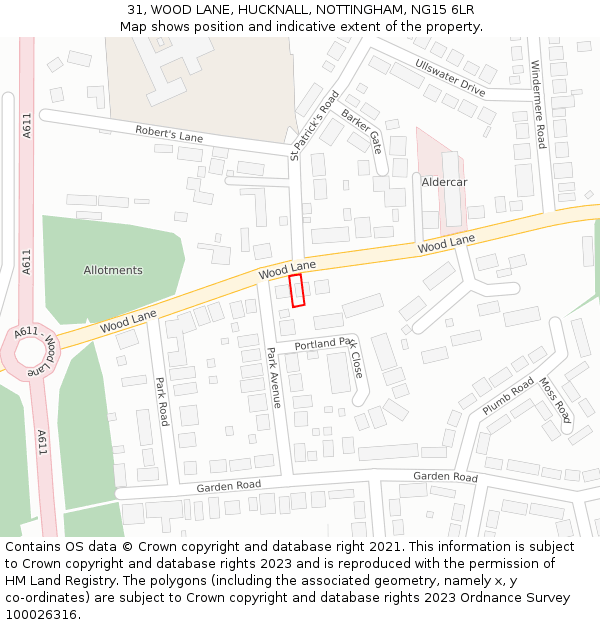 31, WOOD LANE, HUCKNALL, NOTTINGHAM, NG15 6LR: Location map and indicative extent of plot