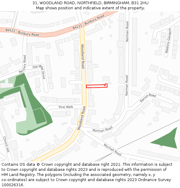 31, WOODLAND ROAD, NORTHFIELD, BIRMINGHAM, B31 2HU: Location map and indicative extent of plot