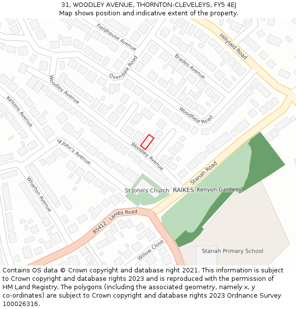 31, WOODLEY AVENUE, THORNTON-CLEVELEYS, FY5 4EJ: Location map and indicative extent of plot