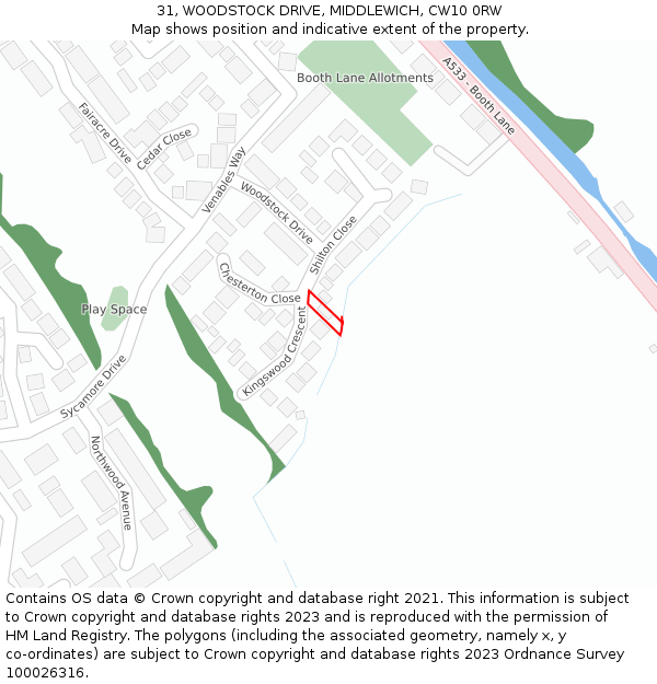31, WOODSTOCK DRIVE, MIDDLEWICH, CW10 0RW: Location map and indicative extent of plot