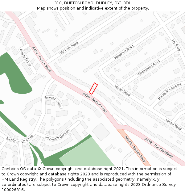 310, BURTON ROAD, DUDLEY, DY1 3DL: Location map and indicative extent of plot