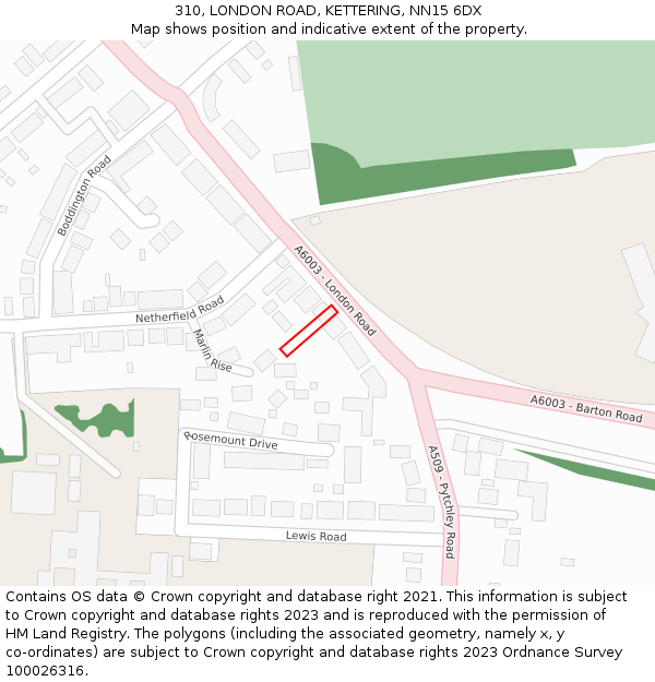 310, LONDON ROAD, KETTERING, NN15 6DX: Location map and indicative extent of plot