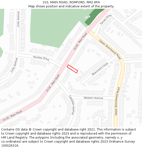 310, MAIN ROAD, ROMFORD, RM2 6PA: Location map and indicative extent of plot