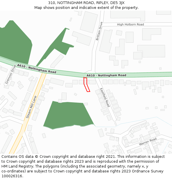310, NOTTINGHAM ROAD, RIPLEY, DE5 3JX: Location map and indicative extent of plot