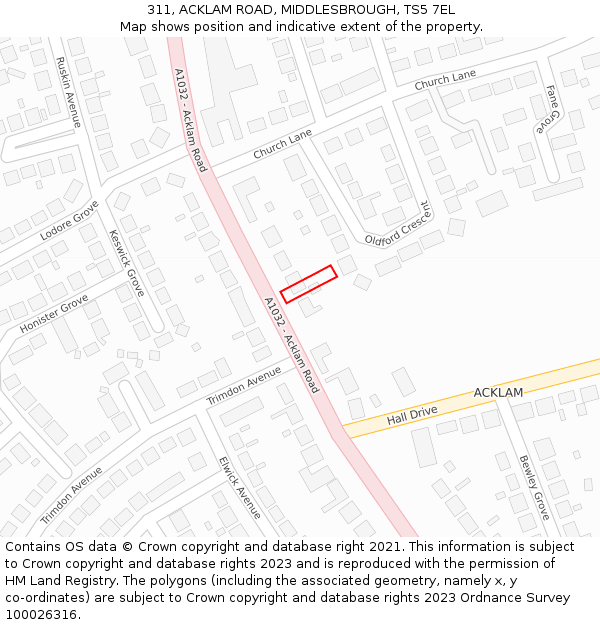 311, ACKLAM ROAD, MIDDLESBROUGH, TS5 7EL: Location map and indicative extent of plot