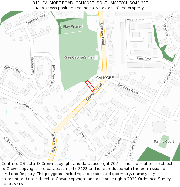311, CALMORE ROAD, CALMORE, SOUTHAMPTON, SO40 2RF: Location map and indicative extent of plot