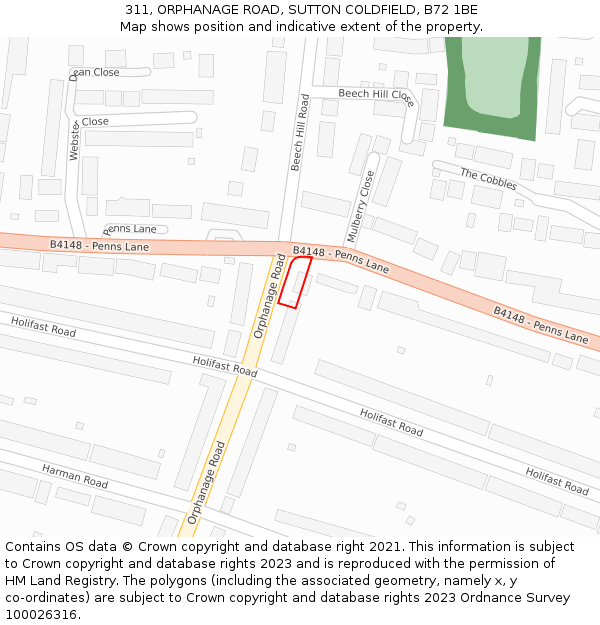 311, ORPHANAGE ROAD, SUTTON COLDFIELD, B72 1BE: Location map and indicative extent of plot