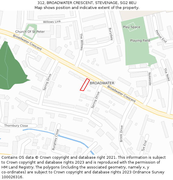 312, BROADWATER CRESCENT, STEVENAGE, SG2 8EU: Location map and indicative extent of plot