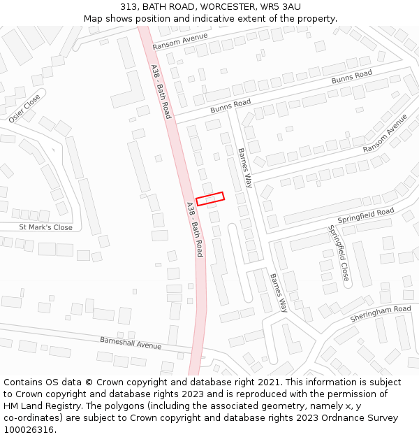 313, BATH ROAD, WORCESTER, WR5 3AU: Location map and indicative extent of plot