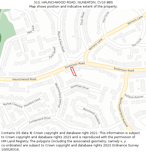 313, HAUNCHWOOD ROAD, NUNEATON, CV10 8BS: Location map and indicative extent of plot