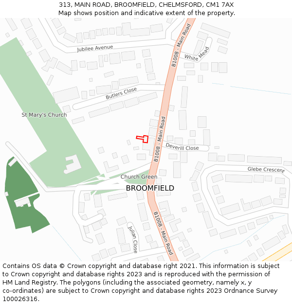 313, MAIN ROAD, BROOMFIELD, CHELMSFORD, CM1 7AX: Location map and indicative extent of plot