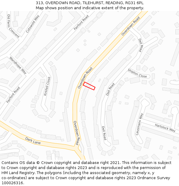 313, OVERDOWN ROAD, TILEHURST, READING, RG31 6PL: Location map and indicative extent of plot