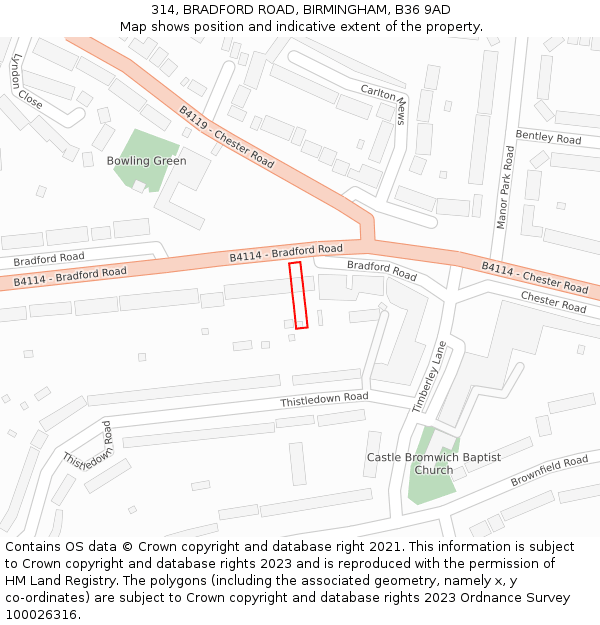 314, BRADFORD ROAD, BIRMINGHAM, B36 9AD: Location map and indicative extent of plot