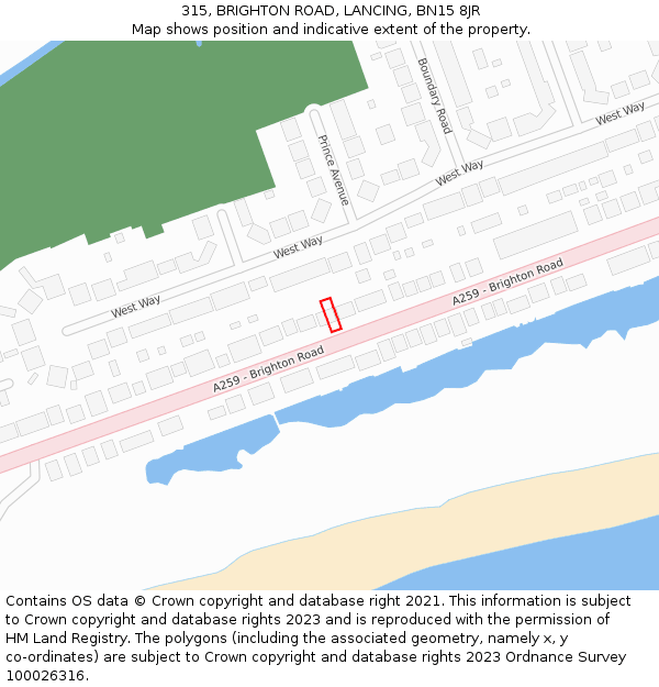 315, BRIGHTON ROAD, LANCING, BN15 8JR: Location map and indicative extent of plot