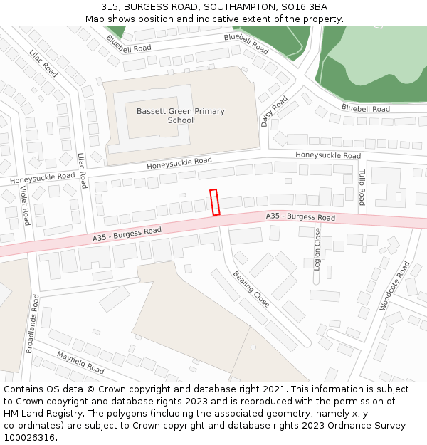 315, BURGESS ROAD, SOUTHAMPTON, SO16 3BA: Location map and indicative extent of plot