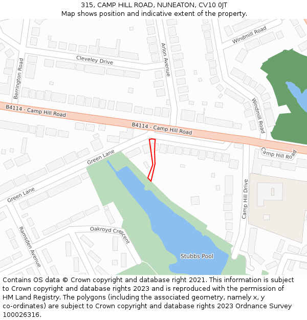 315, CAMP HILL ROAD, NUNEATON, CV10 0JT: Location map and indicative extent of plot