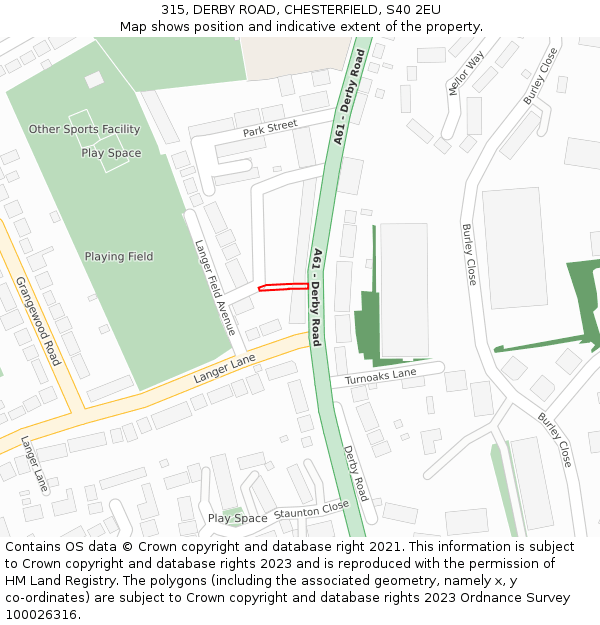 315, DERBY ROAD, CHESTERFIELD, S40 2EU: Location map and indicative extent of plot