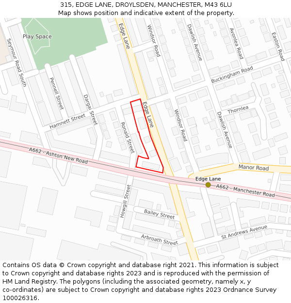 315, EDGE LANE, DROYLSDEN, MANCHESTER, M43 6LU: Location map and indicative extent of plot