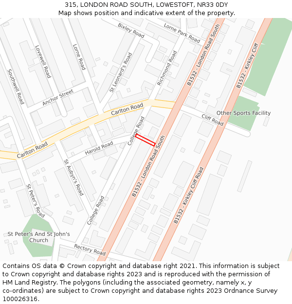 315, LONDON ROAD SOUTH, LOWESTOFT, NR33 0DY: Location map and indicative extent of plot