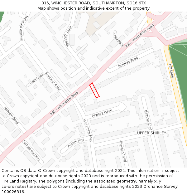 315, WINCHESTER ROAD, SOUTHAMPTON, SO16 6TX: Location map and indicative extent of plot