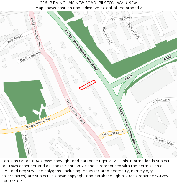 316, BIRMINGHAM NEW ROAD, BILSTON, WV14 9PW: Location map and indicative extent of plot