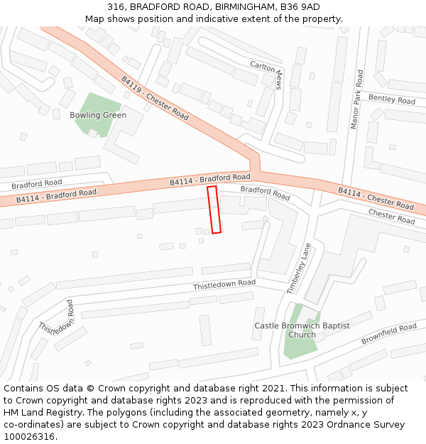 316, BRADFORD ROAD, BIRMINGHAM, B36 9AD: Location map and indicative extent of plot